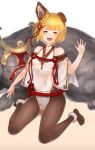  1girl animal animal_ears bare_shoulders black_legwear blonde_hair blush braid breasts dog_ears dress erune full_body granblue_fantasy hair_ornament highres looking_at_viewer open_mouth pantyhose short_hair simple_background smile vajra_(granblue_fantasy) yu_mochi_(kamiinu) 