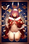  1girl animal_ears armlet bikini border bracer cloak dark-skinned_female dark_skin earrings eyepatch_bikini facial_mark fate/grand_order fate_(series) full_body hair_between_eyes hairband hand_on_hip highleg highleg_bikini highres hoop_earrings jewelry long_hair nitocris_(fate) one_eye_closed purple_hair red_cloak seiza side-tie_bikini sidelocks sitting skindentation solo staff string_bikini swimsuit very_long_hair violet_eyes white_bikini zasshu 