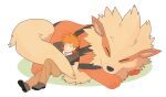 1boy arcanine arms_behind_back bangs blue_oak brown_footwear brown_jacket brown_pants closed_eyes closed_mouth commentary_request jacket jaho leather leather_jacket lying male_focus on_back orange_hair pants pokemon pokemon_(creature) pokemon_(game) pokemon_hgss shoes short_hair sleeping spiky_hair 