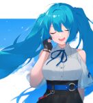  1girl :d bangs black_gloves black_skirt blue_hair closed_eyes clothing_cutout collared_shirt commentary day dress_shirt english_commentary eyebrows_behind_hair facing_viewer fhang fingerless_gloves gloves hair_between_eyes hand_up hatsune_miku long_hair pleated_skirt round_teeth shirt short_sleeves shoulder_cutout skirt smile solo teeth twintails upper_teeth very_long_hair vocaloid white_shirt 