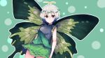  1girl antennae aqua_hair bad_id bad_twitter_id blush brown_eyes butterfly_wings closed_mouth cowboy_shot darumoon dress eternity_larva eyebrows_visible_through_hair fairy green_dress hair_between_eyes leaf leaf_on_head multicolored_clothes multicolored_dress short_hair single_strap smile solo third-party_source touhou wings 