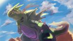  absurdres claws clouds commentary_request day desert from_below highres no_humans open_mouth outdoors pecohophop pokemon pokemon_(creature) sharp_teeth sky solo standing teeth tyranitar 