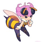  1girl :q arthropod_girl bee_girl bee_wings black_eyes black_sclera bodysuit chibi colored_sclera full_body hair_horns hand_up highres index_finger_raised kotatsu_(g-rough) looking_at_viewer pink_hair q-bee signature simple_background smile solo tongue tongue_out vampire_(game) white_background 