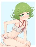  1girl between_legs bikini blue_background blush bow collarbone curly_hair eds embarrassed expressionless eyebrows_visible_through_hair face feet_out_of_frame flat_chest frilled_bikini frills green_eyes green_hair hand_between_legs hand_on_hip highres looking_away multi-strapped_bikini navel on_ground one-punch_man red_bow short_hair simple_background solo swimsuit tatsumaki white_bikini 