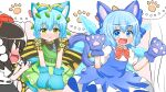  3girls animal_ears animal_hands antennae aqua_hair black_hair black_skirt blue_dress blue_eyes blue_hair blush butterfly_wings camera cat_ears cat_paws cat_tail cirno closed_mouth collared_shirt coruthi dress eternity_larva eyebrows_visible_through_hair fairy fake_animal_ears green_dress hair_between_eyes hat highres holding holding_camera ice ice_wings leaf leaf_on_head multicolored_clothes multicolored_dress multiple_girls open_mouth paw_print pom_pom_(clothes) puffy_short_sleeves puffy_sleeves red_headwear shameimaru_aya shirt short_hair short_sleeves single_strap skirt smile tail tokin_hat touhou wavy_mouth white_shirt wings yellow_eyes 