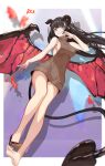  1girl absurdres arm_up artist_name bangs bare_legs barefoot black_hair black_nails breasts brown_footwear brown_sweater_vest demon_horns demon_tail demon_wings eyebrows_visible_through_hair full_body girls_frontline heterochromia highres horns legs long_hair looking_at_viewer medium_breasts multicolored_hair nail_polish open_mouth red_eyes regenerate-x ro635_(girls&#039;_frontline) shoes sideboob simple_background single_shoe soles solo sweater_vest tail wings yellow_eyes 