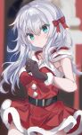  1girl absurdres belt belt_buckle black_belt black_gloves blue_eyes bow buckle capelet christmas commentary_request dress fathom fur-trimmed_capelet fur-trimmed_dress fur-trimmed_gloves fur_trim gloves hair_ribbon hibiki_(kancolle) highres kantai_collection looking_at_viewer red_bow red_capelet red_dress red_ribbon ribbon santa_costume santa_dress silver_hair solo white_hair 