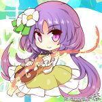  1girl bangs barefoot biwa_lute brown_dress chain chibi closed_mouth dress eyebrows_visible_through_hair flower frilled_dress frills gold_chain hair_flower hair_ornament happy instrument long_hair long_sleeves looking_at_viewer lute_(instrument) music musical_note playing_instrument purple_hair smile touhou tsukumo_benben twintails umigarasu_(kitsune1963) violet_eyes 