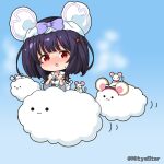  1girl :3 :o animal animal_ears bangs black_hair blue_background blush bow chibi closed_mouth clouds commentary_request dress eyebrows_visible_through_hair granblue_fantasy hands_up long_sleeves looking_at_viewer mitya mouse mouse_ears nose_blush parted_lips purple_bow red_eyes solid_circle_eyes solo sweat twitter_username vikala_(granblue_fantasy) white_dress wide_sleeves 
