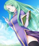  1girl black_legwear blue_sky book breasts cecilia_(fire_emblem) collared_dress dress elbow_gloves fire_emblem fire_emblem:_the_binding_blade gloves green_eyes green_hair ham_pon highres holding holding_book index_finger_raised jewelry large_breasts long_hair looking_at_viewer open_book open_mouth outdoors purple_dress short_sleeves sky smile solo thigh-highs very_long_hair white_gloves zettai_ryouiki 