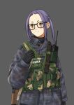  1girl black-framed_eyewear black_gloves black_sweater blue_jacket brown_eyes camouflage camouflage_jacket combat_knife english_commentary glasses gloves grey_background gun hair_ornament highres jacket knife knife_holster long_hair looking_to_the_side mardjan mixed-language_commentary oogaki_chiaki police purple_hair serbia serbo-croatian_commentary serbo-croatian_text sheath sheathed short_bangs sidelocks simple_background sling solo sweater twintails uniform upper_body vest walkie-talkie weapon weapon_behind_back wing_collar yurucamp 