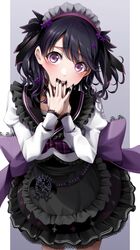  1girl bangs black_hair blouse blush breasts eyebrows_behind_hair eyebrows_visible_through_hair fukumaru_koito hair_ornament highres idolmaster idolmaster_shiny_colors looking_at_viewer maid_headdress nail_polish ribbon short_hair skirt solo standing takagi_mitsukuni twintails violet_eyes 