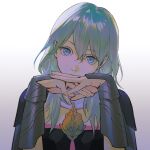  1girl bangs blue_eyes bracer byleth_(fire_emblem) byleth_eisner_(female) fire_emblem fire_emblem:_three_houses grey_hair hair_between_eyes hands_up kkia long_hair looking_at_viewer own_hands_together simple_background solo upper_body white_background 