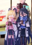  &gt;_&lt; 1boy 2girls animal_ears arisu_(blue_archive) bangs black_hair black_legwear black_skirt blonde_hair blue_archive blue_scarf blurry blurry_background blush brown_jacket brown_scarf closed_eyes commentary_request cup depth_of_field disposable_cup eyebrows_visible_through_hair fake_animal_ears fringe_trim hair_between_eyes halo harada_(sansei_rain) head_out_of_frame highres holding holding_cup jacket long_hair momoi_(blue_archive) multiple_girls nose_blush off_shoulder one_side_up open_clothes open_jacket open_mouth pantyhose pink_scarf plaid plaid_scarf pleated_skirt scarf sensei_(blue_archive) shirt skirt standing steam teardrop tears thigh-highs very_long_hair wavy_mouth white_jacket white_shirt 