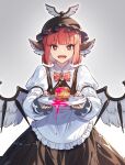  1girl :d apron arm_garter bangs bird_wings blunt_bangs blush bow bright_pupils brown_headwear commentary_request dripping earrings feathered_wings fingernails frilled_apron frilled_hat frilled_sleeves frills gradient gradient_background hat holding holding_plate jewelry long_sleeves looking_at_viewer lower_teeth mystia_lorelei nail_polish open_mouth pink_eyes pink_hair pink_nails plate puffy_sleeves sharp_fingernails short_hair sidelocks single_earring skirt skirt_set smile solo standing teeth tongue touhou waist_apron white_apron white_pupils white_sleeves wings zounose 