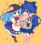 2girls adjusting_scarf apron bangs black_headwear blue_bow blue_eyes blue_hair blue_skirt blush_stickers boots bow bowtie brown_footwear chibi commentary_request food fruit full_body grey_sweater hair_between_eyes hat hat_ornament hinanawi_tenshi juliet_sleeves long_hair long_sleeves messy_hair multiple_girls open_mouth peach pink_legwear pink_scarf puffy_sleeves red_bow red_bowtie red_eyes scarf shirt skirt smile stuffed_animal stuffed_cat stuffed_toy sweater tomobe_kinuko touhou white_shirt winter_clothes yellow_background yorigami_shion