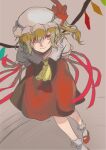  1girl blonde_hair crystal flandre_scarlet from_above hair_between_eyes hat hat_ribbon highres jimao looking_at_viewer mob_cap one_side_up red_eyes red_footwear red_ribbon red_vest ribbon shirt short_hair short_sleeves sketch socks solo touhou vest white_headwear white_shirt wings yellow_ribbon 