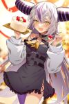  1girl ascot black_dress cake commentary_request dega1028 demon_horns dress food fruit highres hololive horns la+_darknesss long_hair multicolored_hair solo strawberry streaked_hair very_long_hair virtual_youtuber yellow_ascot 