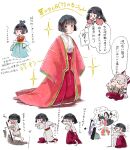  6+girls @_@ behind_back black_hair bow crowd exhausted fujiwara_no_mokou fujiwara_no_mokou_(young) hair_bow highres houraisan_kaguya indian_style japanese_clothes kimono long_hair mokoiscat multiple_girls short_hair sitting sparkle torn_clothes touhou translation_request very_long_hair white_hair younger 