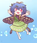  1girl 216 antennae aqua_hair barefoot blush butterfly_wings dress eternity_larva eyebrows_visible_through_hair fairy full_body green_dress hair_between_eyes leaf leaf_on_head multicolored_clothes multicolored_dress open_mouth outstretched_arms red_eyes short_hair single_strap smile solo spread_arms touhou wings 