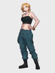  1girl alternate_costume android_18 blonde_hair blue_eyes blue_pants bracelet dragon_ball dragon_ball_z earrings full_body grey_background hand_on_hip jewelry kemachiku looking_at_viewer midriff navel necklace pants short_hair simple_background solo standing 