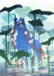  blurry closed_mouth commentary_request day no_humans outdoors pecohophop pokemon pokemon_(creature) solo standing wading water yellow_eyes zacian zacian_(hero) 