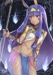  1girl bangs bare_legs breasts dark-skinned_female dark_skin eyebrows_behind_hair eyebrows_visible_through_hair fate/grand_order fate_(series) hairband holding holding_staff long_hair looking_at_viewer nitocris_(fate) pointy_ears purple_hair shiohari_kanna smile solo staff stomach twintails veilrain very_long_hair violet_eyes 