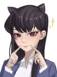  absurdres animal_ears ava_(ava31) black_hair blazer blue_jacket blush cat_ears eyebrows_behind_hair finger_to_mouth hair_behind_ear highres jacket kemonomimi_mode komi-san_wa_komyushou_desu komi_shouko portrait school_uniform sketch smile sparkle violet_eyes white_background 