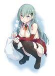  1girl aqua_hair black_footwear boots breasts christmas christmas_tree_hair_ornament detached_sleeves dress fur-trimmed_dress fur-trimmed_sleeves fur_trim grey_eyes hair_ornament hairclip highres kantai_collection large_breasts long_hair long_sleeves red_dress red_sleeves sack sakana_(flame_sakana) santa_costume santa_dress short_dress solo suzuya_(kancolle) thigh-highs thigh_boots torn_clothes torn_dress torn_sleeves 