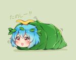  1girl antennae aqua_hair blush caramell0501 eternity_larva eyebrows_visible_through_hair green_background hair_between_eyes korean_commentary leaf leaf_on_head motion_lines open_mouth orange_eyes short_hair simple_background smile solo touhou wrapped_up 