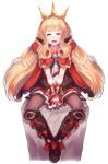  1girl black_footwear black_legwear blonde_hair boots cagliostro_(granblue_fantasy) cape dress full_body granblue_fantasy highres long_hair looking_at_viewer open_mouth red_skirt simple_background skirt solo white_background yu_mochi_(kamiinu) 