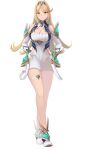  1girl absurdres armor bangs blonde_hair breasts cleavage_cutout clothing_cutout dress elbow_gloves eyebrows_visible_through_hair frown gem gloves highres jewelry large_breasts long_hair mythra_(xenoblade) parted_bangs sail_(sail-away) short_dress shoulder_armor standing thigh_strap tiara white_background white_dress white_gloves xenoblade_chronicles_(series) xenoblade_chronicles_2 yellow_eyes 