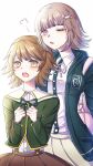  1boy 1girl animal_bag backpack bag bangs black_jacket breasts brown_eyes brown_hair brown_skirt cat_bag collared_shirt crossdressing danganronpa:_trigger_happy_havoc danganronpa_(series) danganronpa_2:_goodbye_despair dress_shirt drooling eyebrows_visible_through_hair fujisaki_chihiro galaga green_jacket green_ribbon hair_ornament highres hood hood_down jacket large_breasts male_focus nanami_chiaki neck_ribbon nyolong one_eye_closed open_clothes open_jacket open_mouth otoko_no_ko pink_eyes pleated_skirt ribbon sailor_collar shiny shiny_hair shirt shirt_tucked_in short_hair skirt two-tone_shirt white_sailor_collar 