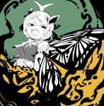  1girl antennae blush butterfly_wings dress eternity_larva eyebrows_visible_through_hair fairy green_background hair_between_eyes highres leaf leaf_on_head massakasama multicolored_clothes multicolored_dress open_mouth sharp_teeth short_hair short_sleeves smile solo spot_color teeth touhou wings 
