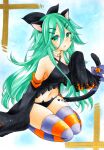  1girl animal_ears bangs black_ribbon blue_legwear cat_ears cat_tail choker commentary_request detached_sleeves eyebrows_visible_through_hair green_eyes green_hair hair_between_eyes hair_flaps hair_ornament hair_ribbon hairclip halloween halloween_costume highres kantai_collection kemonomimi_mode long_hair looking_at_viewer marker_(medium) open_mouth orange_legwear parted_bangs ponytail rano_(u_rano) ribbon sidelocks socks solo striped striped_legwear tail thigh-highs traditional_media white_choker yamakaze_(kancolle) 