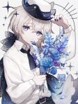  1boy black_nails black_neckwear blonde_hair blue_eyes blue_flower blue_rose bouquet bow buttons collared_shirt expressionless flower highres holding holding_flower kodona light_particles male_focus namiki_itsuki rose shirt sparkle upper_body white_shirt 