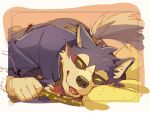  1boy animal_ears black_sclera chain colored_sclera dog_boy dog_ears dog_tail furry furry_male gamma garmr_(housamo) highres short_hair sleeping smile solo tail tokyo_afterschool_summoners tongue tongue_out two-tone_fur yellow_eyes 