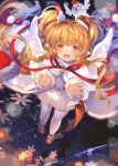  1girl :d animal_ears arms_up bandeau bangs bird blonde_hair blush braid chicken chinese_zodiac coat dot_nose dress dutch_angle eyebrows_visible_through_hair feathers from_above full_body granblue_fantasy hair_between_eyes hair_ornament harvin highres long_hair long_sleeves looking_at_viewer mahira_(granblue_fantasy) mayusaki_yuu nose_blush open_clothes open_coat open_mouth red_eyes red_footwear red_ribbon ribbon smile snowflakes solo star_(symbol) twin_braids twintails very_long_hair white_coat white_dress white_legwear winter winter_clothes 