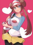  1girl :o black_legwear blue_eyes blush bow breasts bright_pupils brown_hair collarbone commentary_request cowboy_shot double_bun heart highres holding holding_poke_ball legwear_under_shorts long_hair pantyhose pink_background pink_bow poke_ball poke_ball_(basic) pokemon pokemon_(game) pokemon_bw2 raglan_sleeves ririmon rosa_(pokemon) short_shorts shorts solo twintails visor_cap white_pupils yellow_shorts 