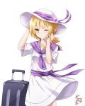  1girl absurdres blonde_hair closed_mouth commentary_request feng_ling_(fenglingwulukong) hand_in_hair hand_on_headwear hat highres louise_(touhou) low_twintails medium_hair neckerchief one_eye_closed purple_neckerchief purple_ribbon purple_sailor_collar purple_sash ribbon sailor_collar sash shirt short_sleeves simple_background smile suitcase sun_hat touhou touhou_(pc-98) twintails white_background white_headwear white_shirt yellow_eyes 