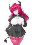  1girl alma_(onsoku_inu) blush breasts brown_skirt closed_mouth covered_navel demon_horns demon_tail hand_up high-waist_skirt highres horns juliet_sleeves large_breasts legs_together long_hair long_sleeves looking_to_the_side miniskirt onsoku_inu original pink_legwear pleated_skirt puffy_sleeves redhead simple_background skirt smile solo tail thigh-highs violet_eyes white_background zettai_ryouiki 