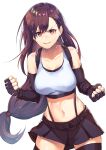 1girl bangs belt black_hair boxing_gloves breasts brown_eyes eyebrows_behind_hair eyebrows_visible_through_hair final_fantasy final_fantasy_vii fingerless_gloves gloves hair_between_eyes long_hair looking_at_viewer midriff navel ponytail shimotsuki_shio shorts solo sports_bra thigh-highs tifa_lockhart tomboy vest