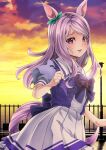  1girl animal_ears bench bow clenched_hand commentary_request fence hair_bow highres horse_ears horse_girl horse_tail kouji_(campus_life) lamppost long_hair looking_at_viewer mejiro_mcqueen_(umamusume) open_mouth park_bench pink_hair pleated_skirt puffy_short_sleeves puffy_sleeves school_uniform short_sleeves skirt smile solo sunset tail tracen_school_uniform umamusume upper_body violet_eyes 