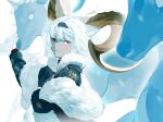  1girl animal animal_ears arknights black_coat carnelian_(arknights) carnelian_(hohenlohe_chillysand)_(arknights) closed_mouth coat dark-skinned_female dark_skin eyebrows_behind_hair from_side fui_(fui29493452) fur-trimmed_coat fur_shawl fur_trim gloves goat goat_ears goat_horns highres horns long_sleeves looking_at_viewer looking_to_the_side official_alternate_costume red_eyes short_hair silver_hair smile solo upper_body white_gloves 