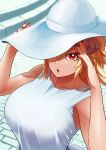 1girl blonde_hair breasts chestnut_mouth fujioka_yatsufusa hand_up hat highres horns krushu_cornou large_breasts looking_at_viewer outdoors pixiv_fantasia pixiv_fantasia_last_saga red_eyes red_nails solo sun_hat upper_body white_headwear 