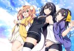  3girls bangs black_hair black_ribbon black_shirt black_shorts blue_eyes bracelet breasts brown_eyes brown_hair clouds cloudy_sky collarbone cowboy_shot day dress dutch_angle eyebrows_visible_through_hair floating_hair grin groin hair_between_eyes hair_ornament hairband high_ponytail highres hinatase_ayane jacket jewelry kirei_na_kurokami_no_takashina-san_to_tsukiau_koto_ni_natta kurebayashi_noe long_hair medium_breasts midriff multiple_girls navel novel_illustration official_art open_clothes open_jacket open_mouth outdoors pleated_dress purple_jacket ribbon second-party_source shiny shiny_hair shirt short_dress short_shorts shorts sky sleeveless sleeveless_shirt smile standing stomach sundress takashina_kureha tanukibayashi_matsuri textless thigh-highs twintails very_long_hair white_dress white_hairband white_shirt yellow_jacket zettai_ryouiki 