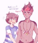  2boys :d ash_ketchum bangs blush brown_eyes brown_hair catsubun_(kkst0904) collarbone commentary dark-skinned_male dark_skin english_text jewelry kiawe_(pokemon) male_focus multicolored_hair multiple_boys navel necklace open_mouth pokemon pokemon_(anime) pokemon_sm_(anime) shirt short_hair short_sleeves smile striped striped_shirt sweatdrop t-shirt teeth tongue topless_male undercut upper_teeth 