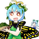  2girls antennae aqua_hair blue_bow blue_dress blue_eyes blue_hair blush bow butterfly_wings cirno collared_shirt commentary_request dress eternity_larva eyebrows_visible_through_hair fairy green_dress hair_between_eyes hair_bow holding ice ice_wings leaf leaf_on_head multicolored_clothes multicolored_dress multiple_girls open_mouth orange_eyes shirt short_hair short_sleeves simple_background single_strap smile touhou white_background white_shirt wings yaise 