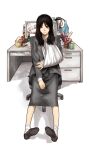  1girl arm_sling bandaged_arm bandages black_hair brown_footwear chair door full_body green_skirt grey_eyes grey_jacket hair_between_eyes highres hoshi_san_3 jacket long_hair long_sleeves looking_at_viewer office office_chair office_lady original shirt simple_background sitting skirt smile socks solo white_background 