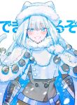  1girl anam95 blue_eyes cape dobrynya_nikitich_(fate) dress fate/grand_order fate_(series) fur-trimmed_cape fur-trimmed_headwear fur_trim grey_dress grin highres long_hair smile snow tail white_hair 